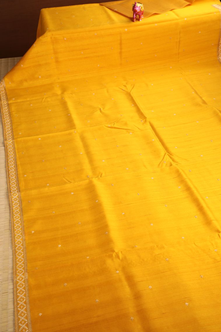 Merigold Orange Raw Silk Sarees with Without Zari Zari Embroidary view 2