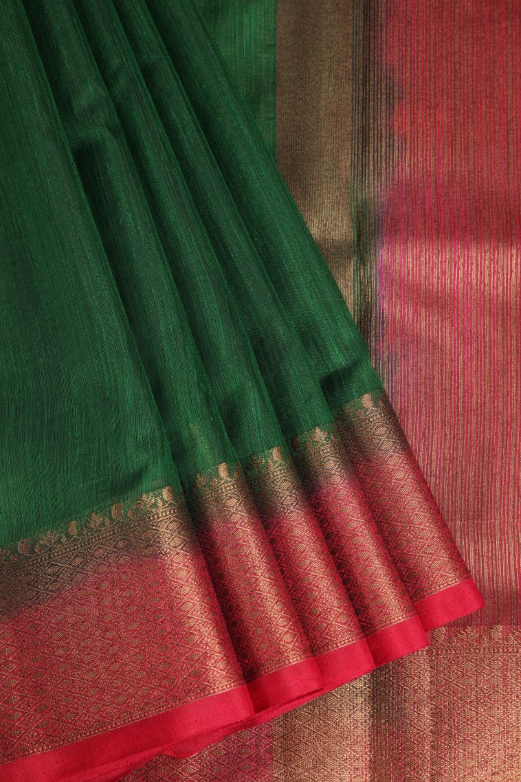 Pine Green Semi Tussar Silk with Gold Zari Plain view 1