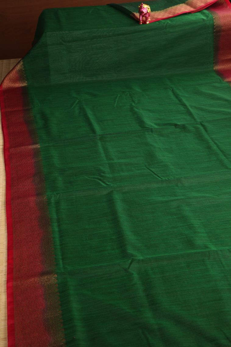 Pine Green Semi Tussar Silk with Gold Zari Plain view 2