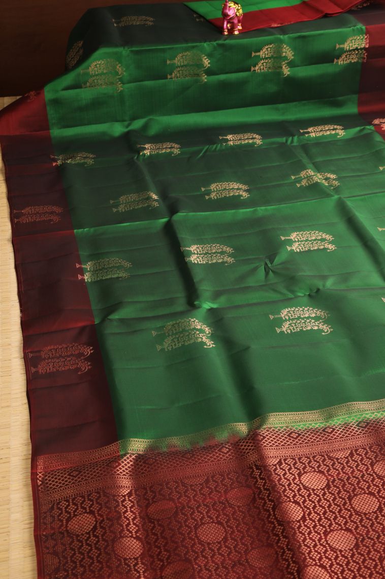 Basil Green Soft Silk Saree with Copper Zari Floral Puttas view 2