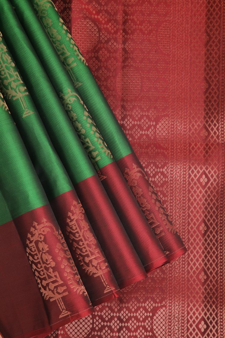 Basil Green Soft Silk Saree with Copper Zari Floral Puttas view 1