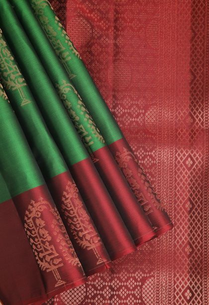 Basil Green Soft Silk Saree with Copper Zari Floral Puttas