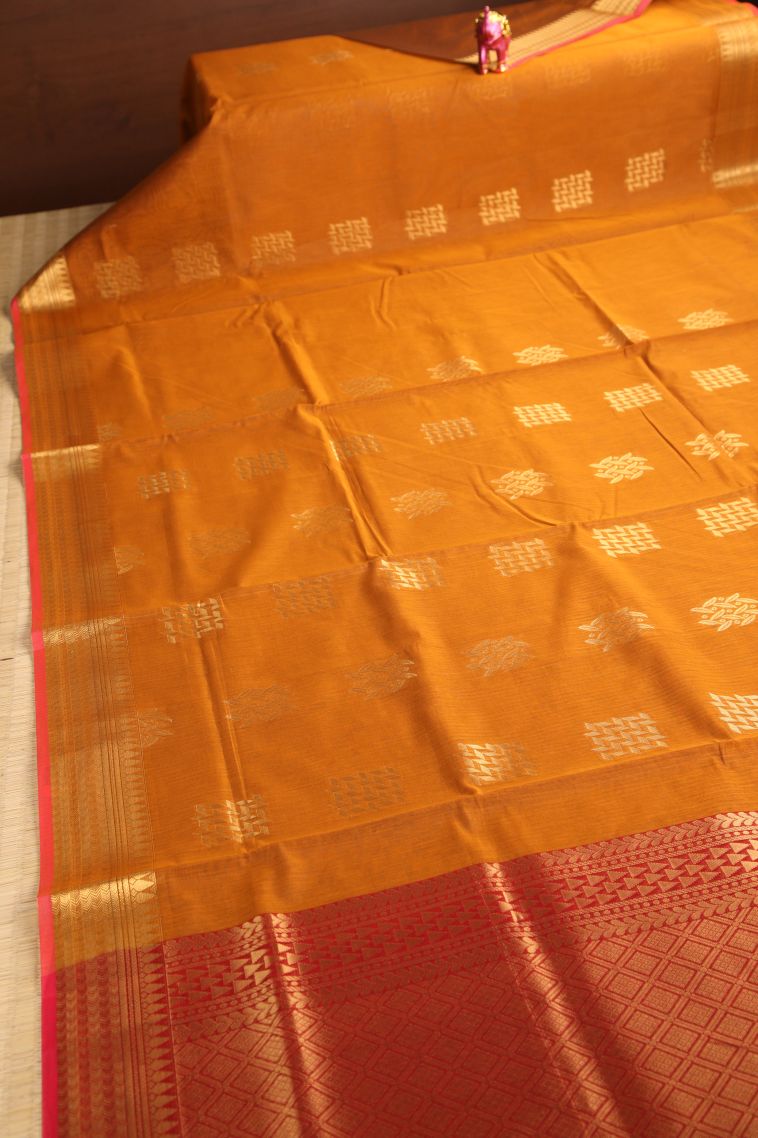 Sepia Yellow Silk Cotton with Gold Zari Floral Puttas view 2