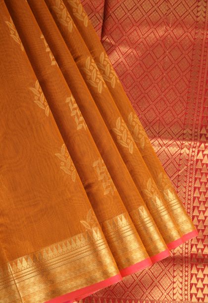Sepia Yellow Silk Cotton with Gold Zari Floral Puttas