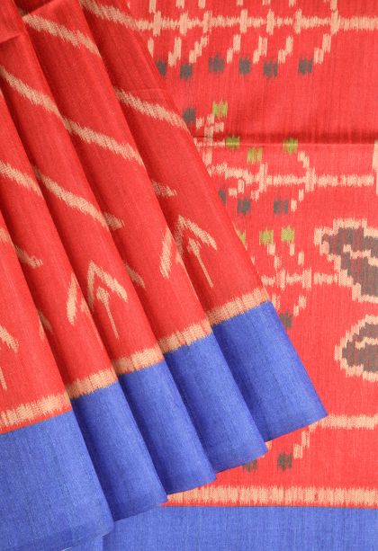 Dawn Red Semi Tussar Silk with Without Zari Zari Cross Straipes