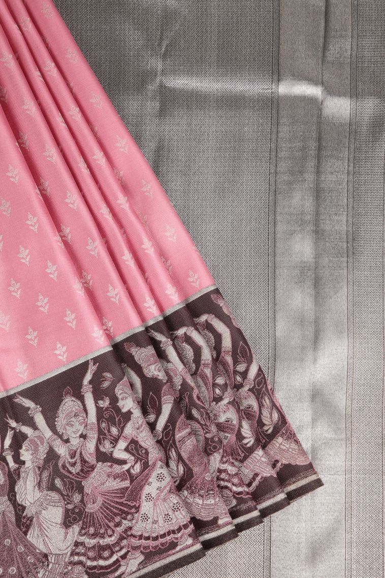 Rose Pink Kanchipuram Silk Sarees with Silver Zari Floral Patterns view 1