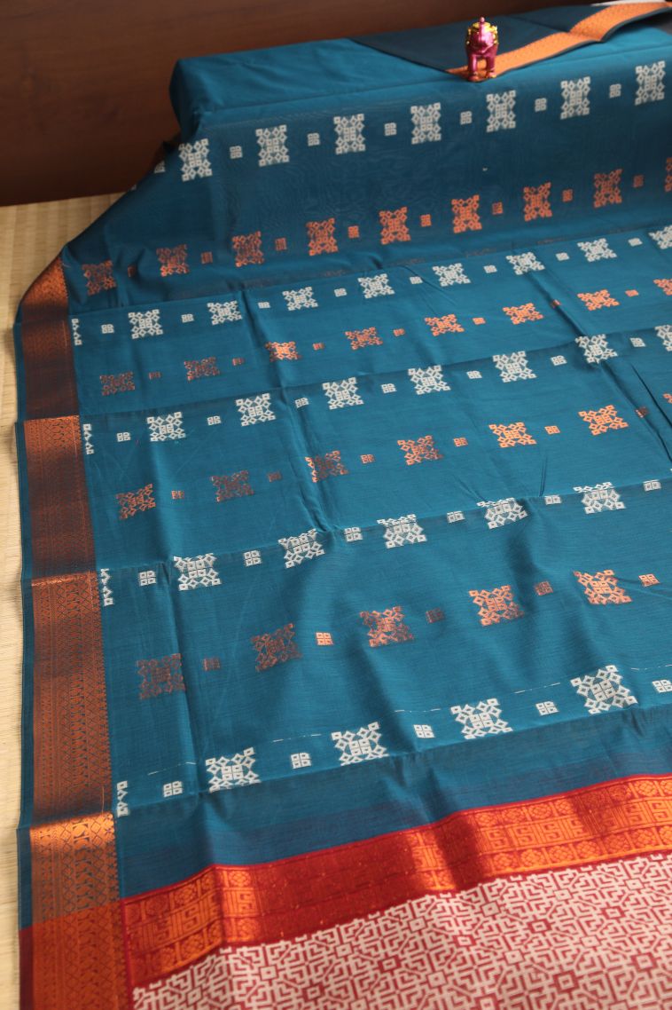 Aegean Blue Silk Cotton with Gold Zari Floral Puttas view 2