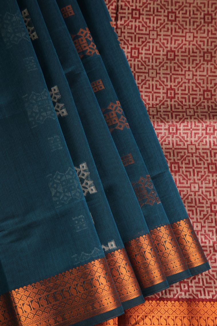 Aegean Blue Silk Cotton with Gold Zari Floral Puttas view 1