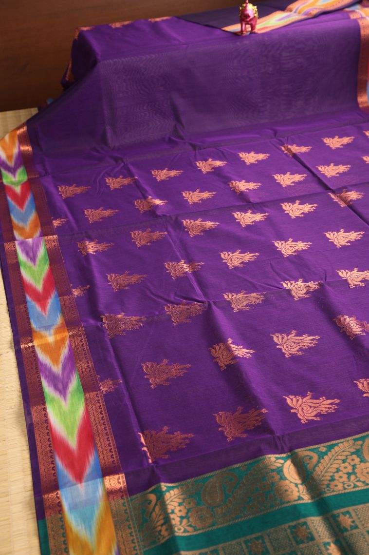 Viola Purple Silk Cotton with Gold Zari Floral Puttas view 2