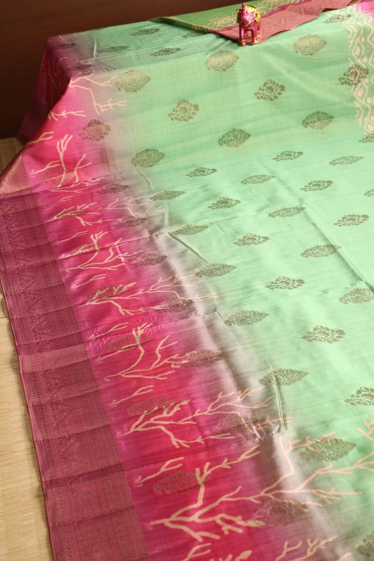 Fern Green Semi Raw Silk Printed with Antic Zari Thilagam Puttas view 2