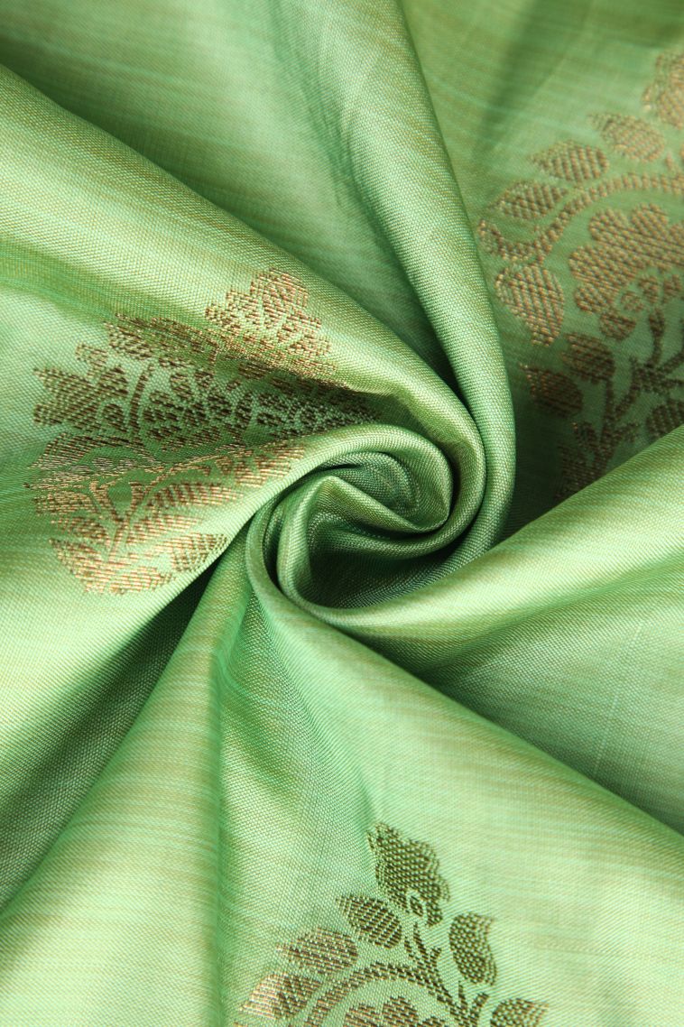 Fern Green Semi Raw Silk Printed with Antic Zari Thilagam Puttas view 4