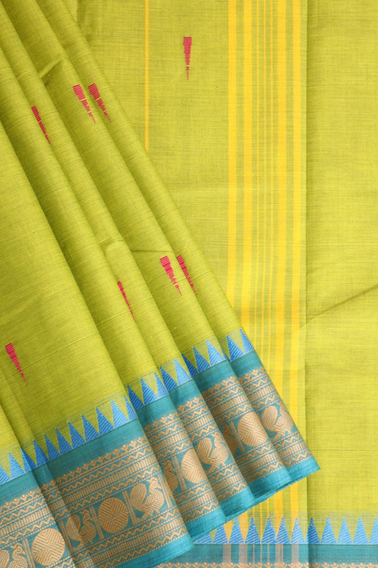 Chartreuse Green Chettinad Cotton Sarees with Without Zari Zari Buttis (small Dots Or Motifs) view 1