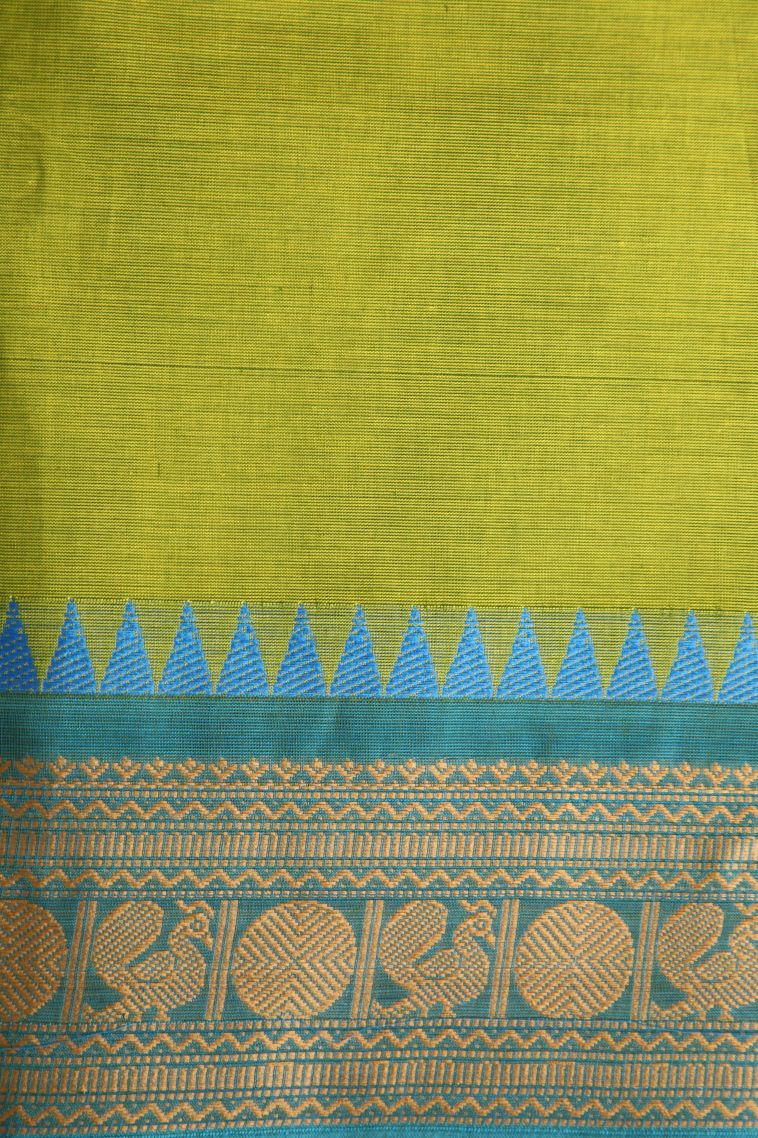 Chartreuse Green Chettinad Cotton Sarees with Without Zari Zari Buttis (small Dots Or Motifs) view 3