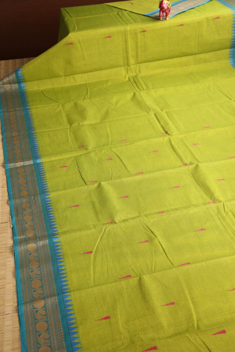Chartreuse Green Chettinad Cotton Sarees with Without Zari Zari Buttis (small Dots Or Motifs) view 2