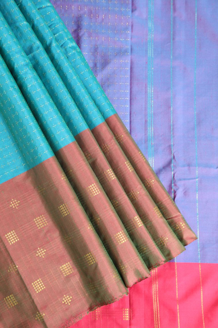 Cerulean Blue Visiri Madippu Silk Sarees with Gold Zari Rain Drops Mottif view 1
