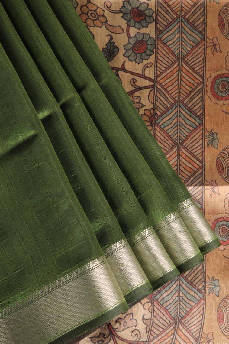 Basil Green Semi Tussar Silk with Gold Zari Plain view 1