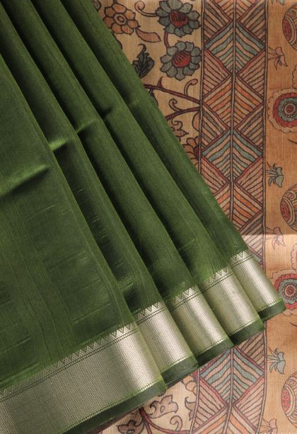 Basil Green Semi Tussar Silk with Gold Zari Plain