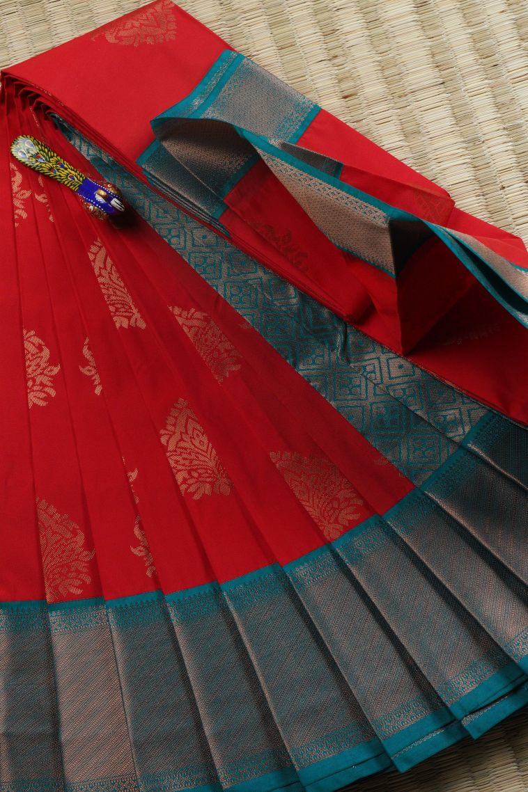 Rose  Red Visiri Madippu Silk Sarees with Copper Zari Floral Patterns view 1
