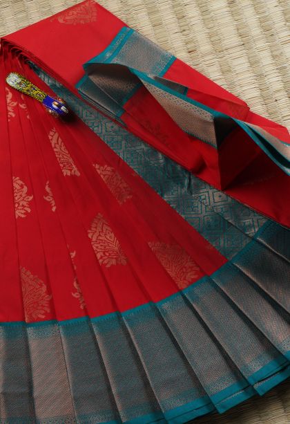 Rose  Red Visiri Madippu Silk Sarees with Copper Zari Floral Patterns