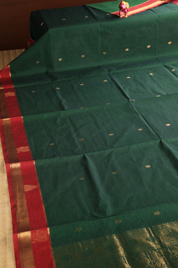 Bottle Green Kovai Cotton Sarees with Gold Zari Peacock Motifs view 2