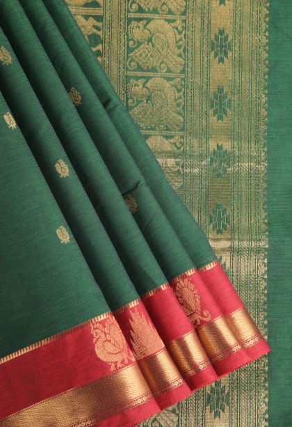 Bottle Green Kovai Cotton Sarees with Gold Zari Peacock Motifs