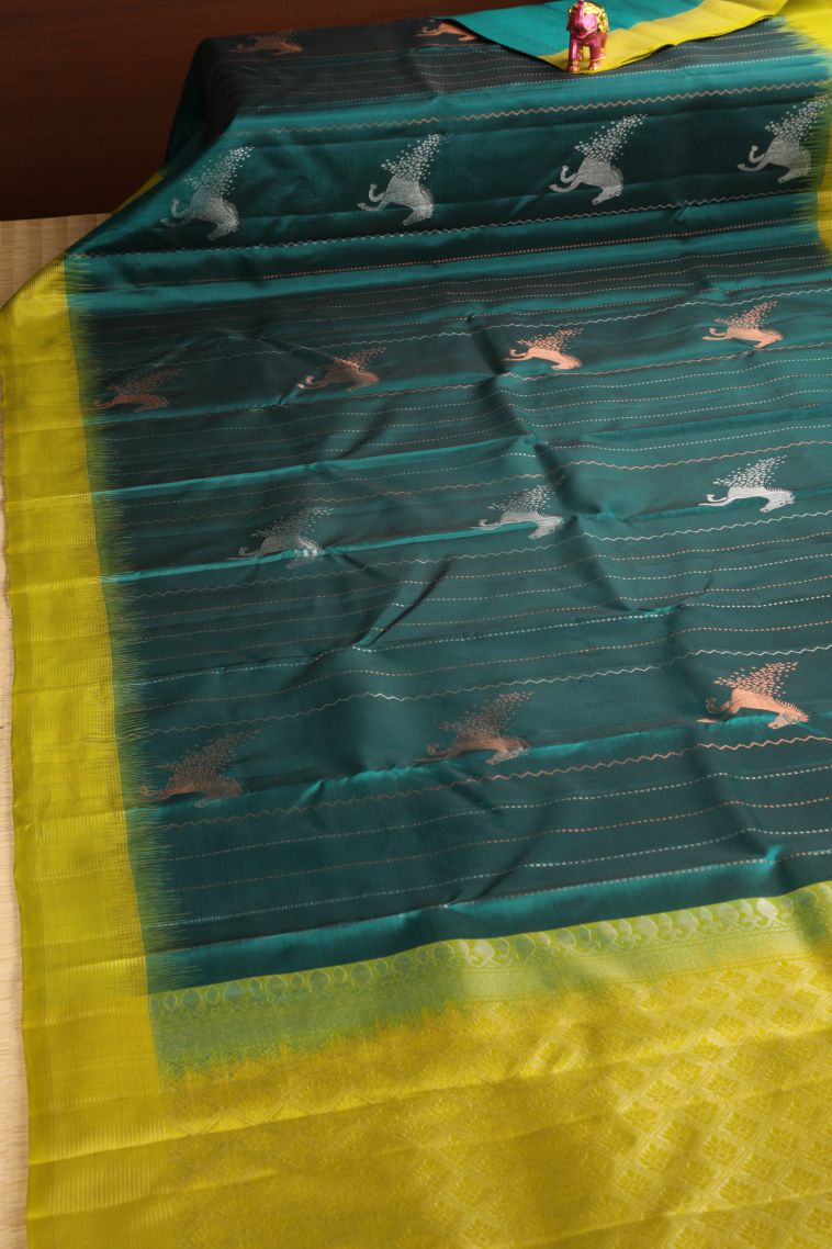 Bottle Green Soft Silk Saree with Gold Zari Animal  Mottif view 2