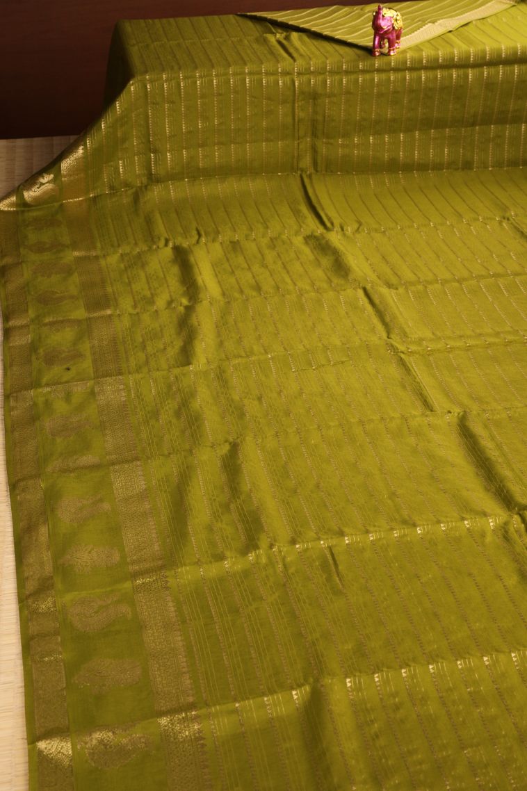 Olive Green Fancy Saree with Gold Zari Temple Pattern view 2