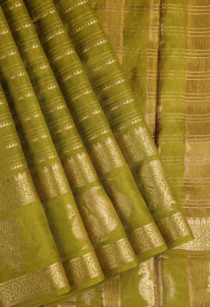 Olive Green Fancy Saree with Gold Zari Temple Pattern