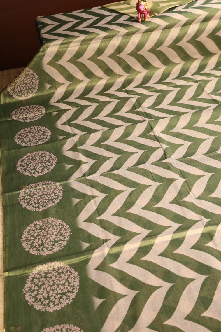 Moccon Green Tissue Silk Sarees with Gold Zari Zig Zag Pattern view 2