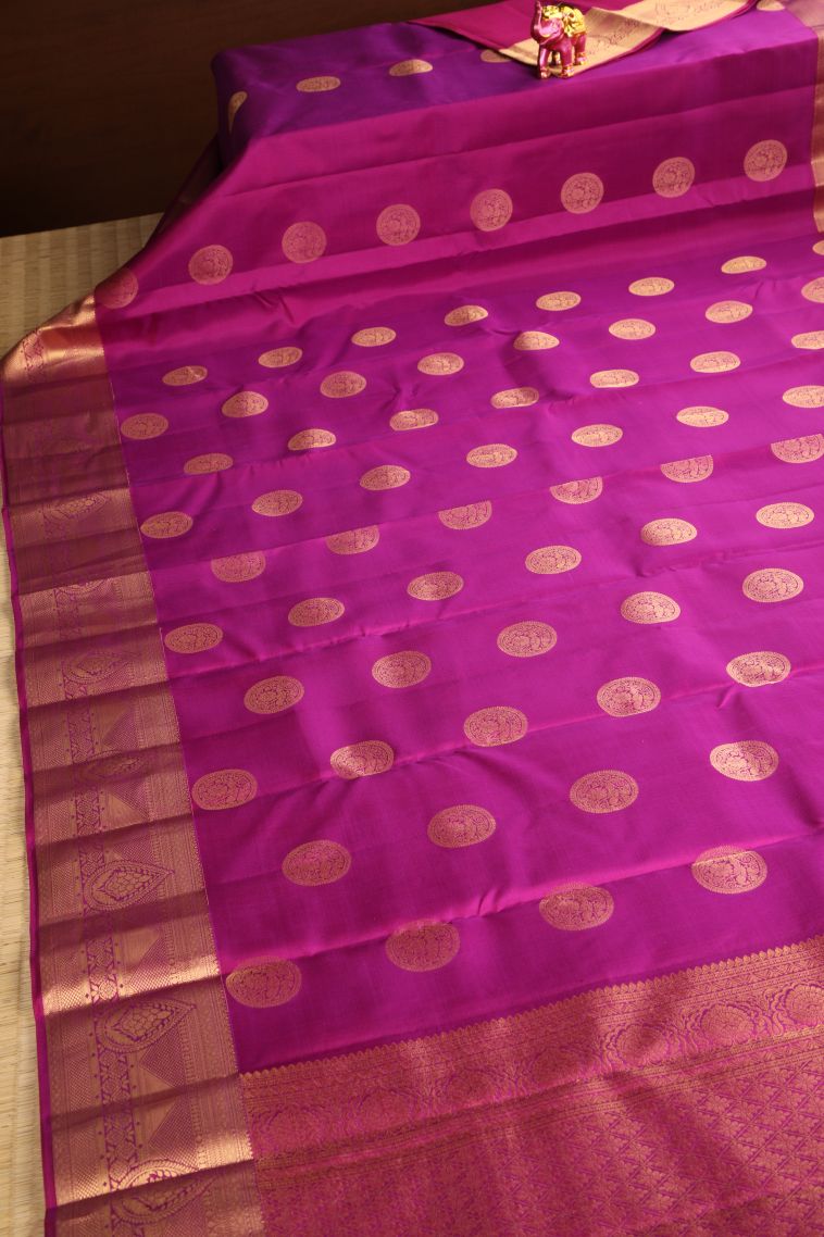 Magenta  Pink Soft Silk Saree with Gold Zari Floral Puttas view 2