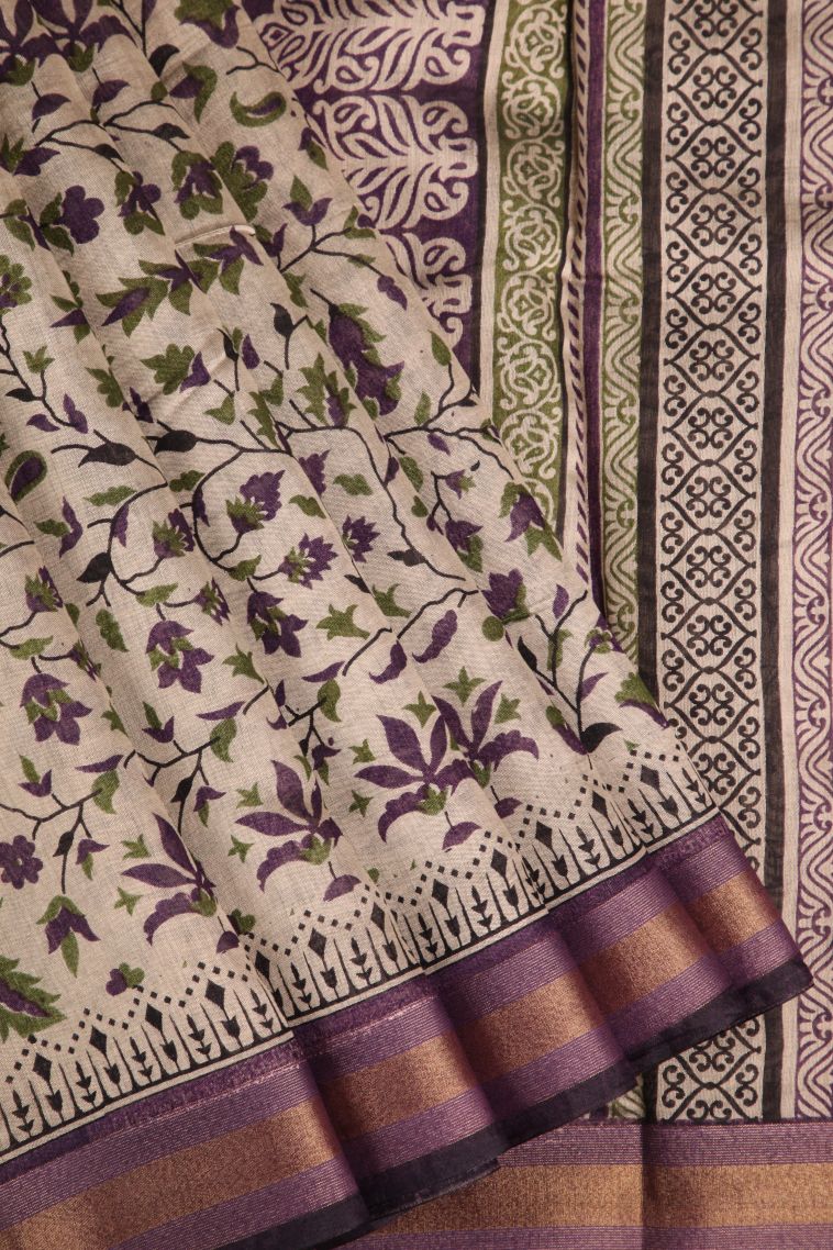 Linen White Chanderi Cotton Sarees with Gold Zari Floral Patterns view 1