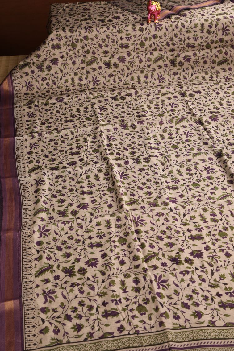 Linen White Chanderi Cotton Sarees with Gold Zari Floral Patterns view 2