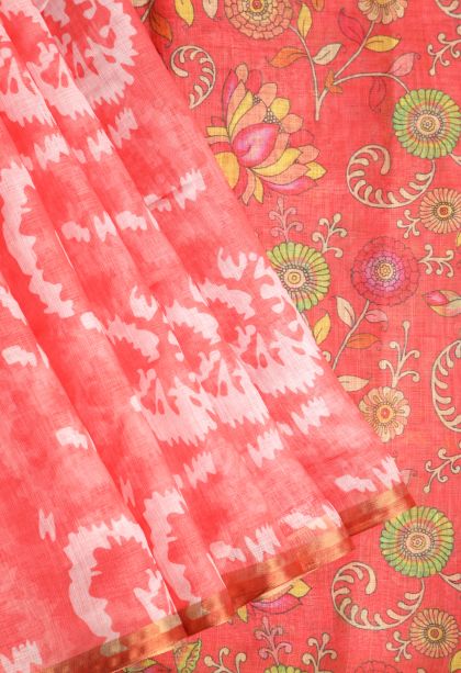 Coral Pink Linen Saree with Without Zari Zari Pathik Motifs