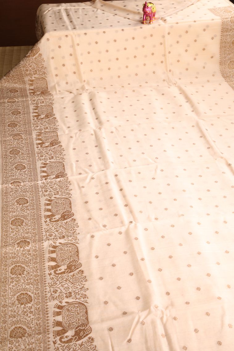Linen White Banaras Sarees with Antic Zari Floral Puttas view 2