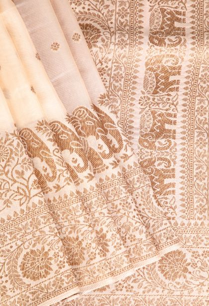 Linen White Banaras Sarees with Antic Zari Floral Puttas
