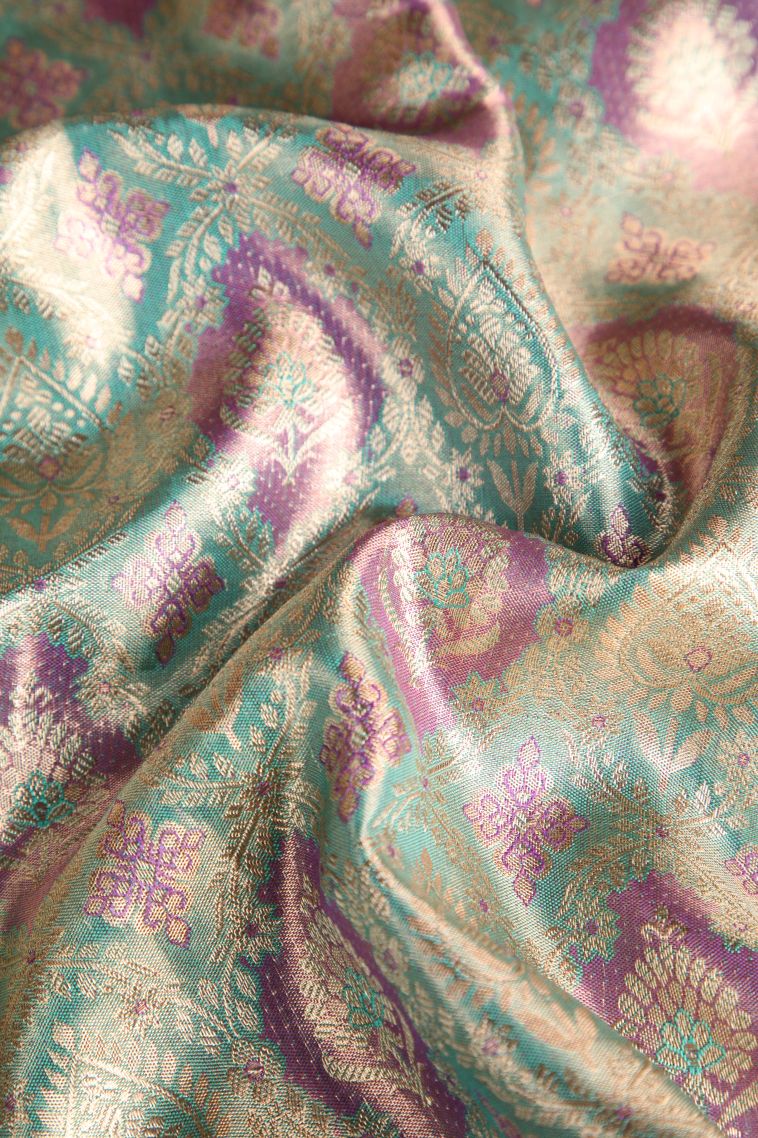 Pistachio Green Kanchipuram Silk Sarees with Gold Zari Floral Patterns view 4