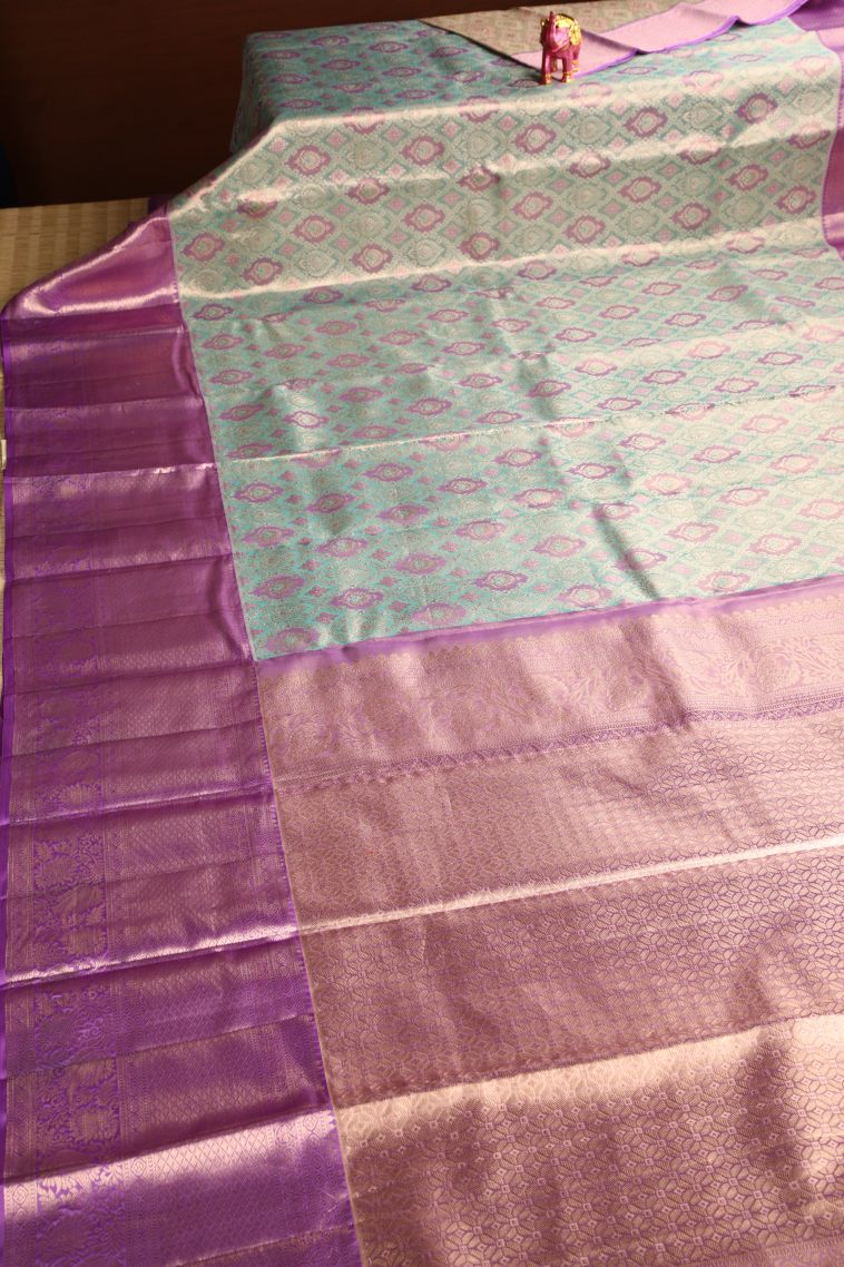 Pistachio Green Kanchipuram Silk Sarees with Gold Zari Floral Patterns view 2