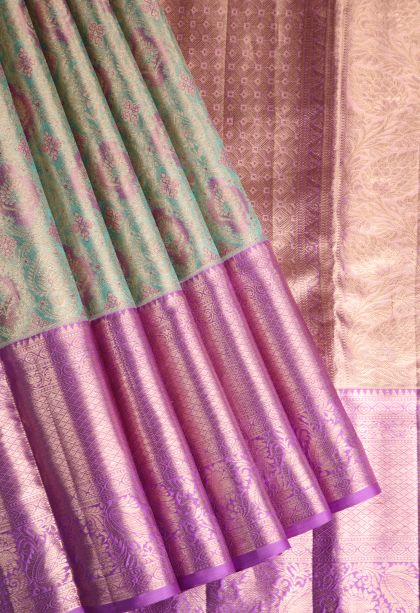 Pistachio Green Kanchipuram Silk Sarees with Gold Zari Floral Patterns