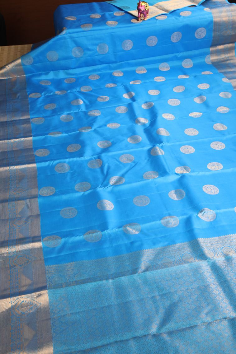 Cerulean Blue Soft Silk Saree with Gold Zari Floral Puttas view 2