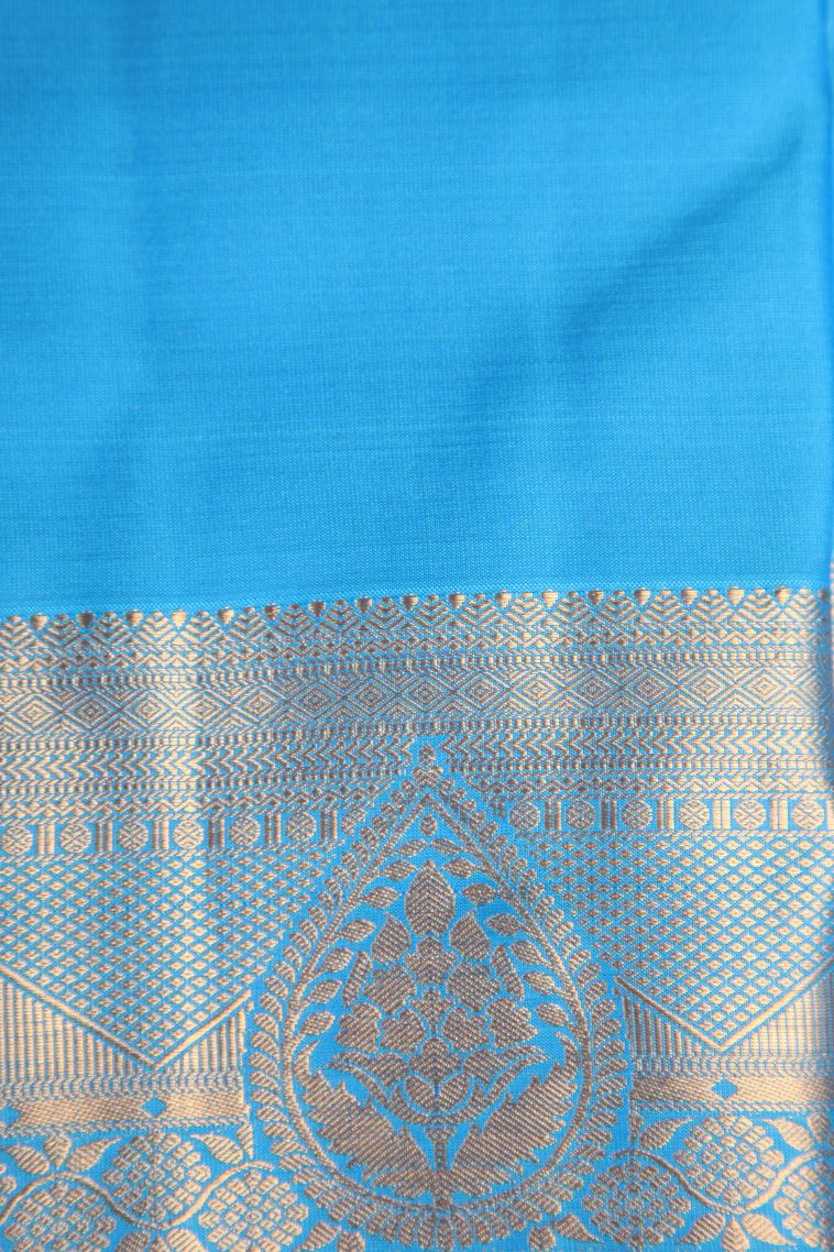 Cerulean Blue Soft Silk Saree with Gold Zari Floral Puttas view 3