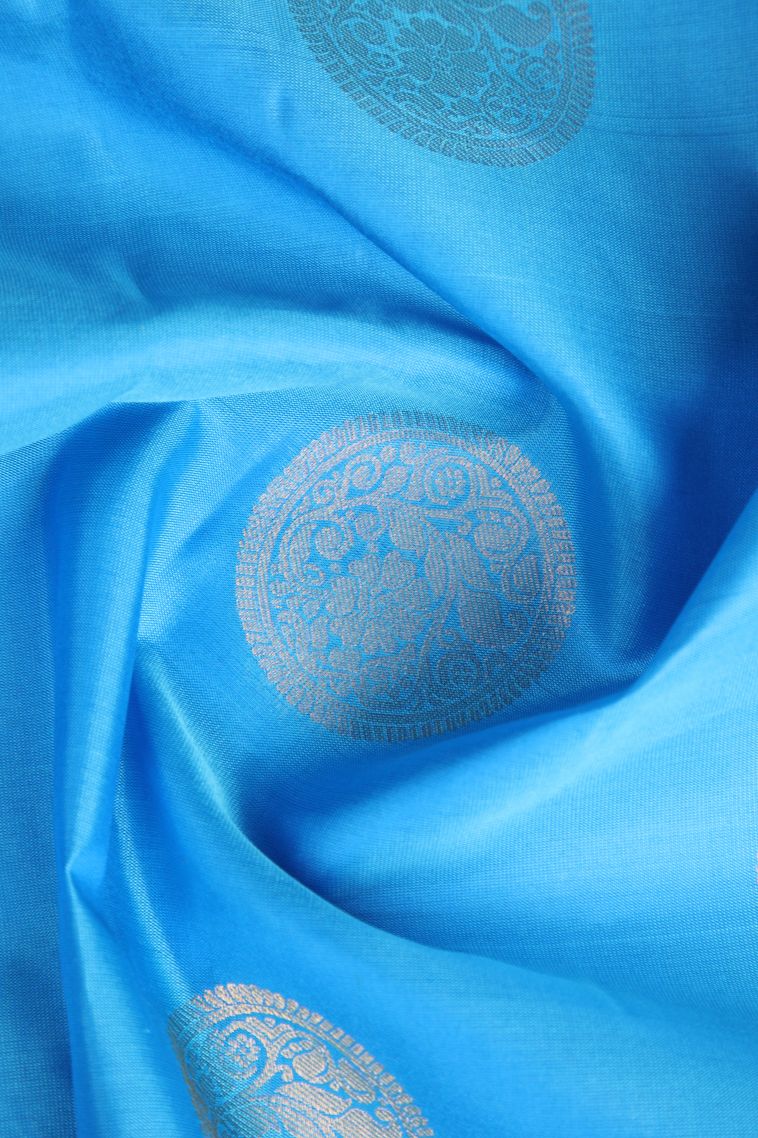 Cerulean Blue Soft Silk Saree with Gold Zari Floral Puttas view 4