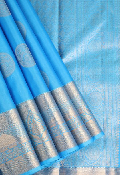 Cerulean Blue Soft Silk Saree with Gold Zari Floral Puttas