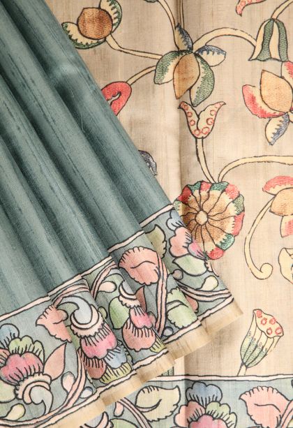 Sage Green Semi Tussar Silk with Without Zari Zari Plain