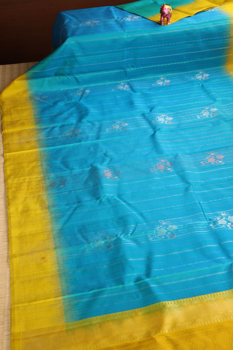 Teal Blue Soft Silk Saree with Gold Zari Vaira Oosi view 2