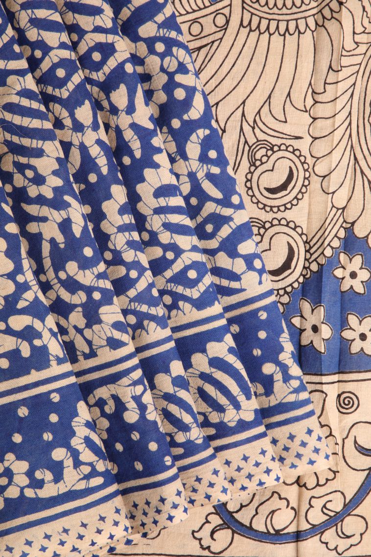 Daffane Blue Kalamkari with Without Zari Zari Kolam Pattern view 1