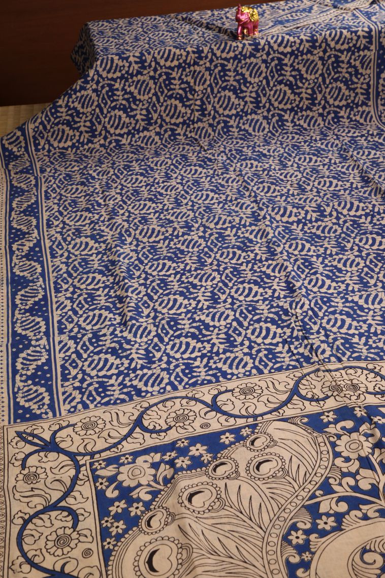 Daffane Blue Kalamkari with Without Zari Zari Kolam Pattern view 2