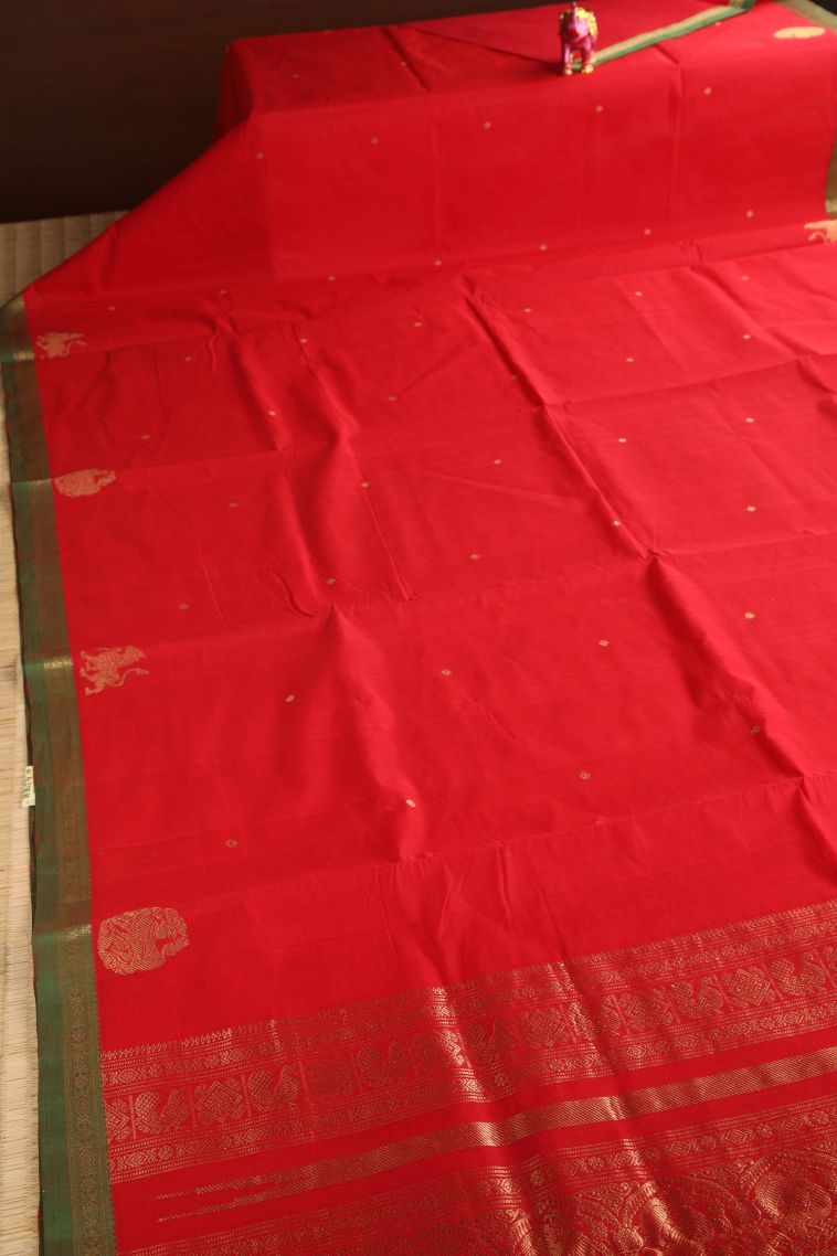 Apple Red Kovai Cotton Sarees with Gold Zari Buttis (small Dots Or Motifs) view 2