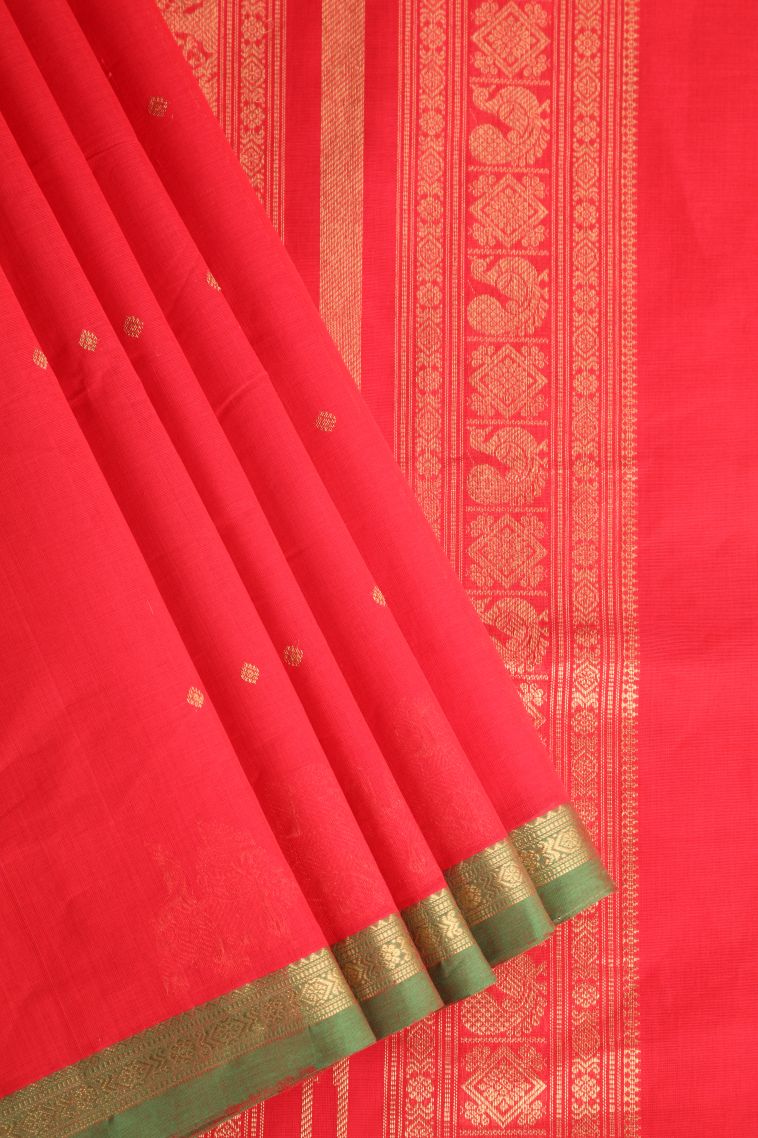 Apple Red Kovai Cotton Sarees with Gold Zari Buttis (small Dots Or Motifs) view 1