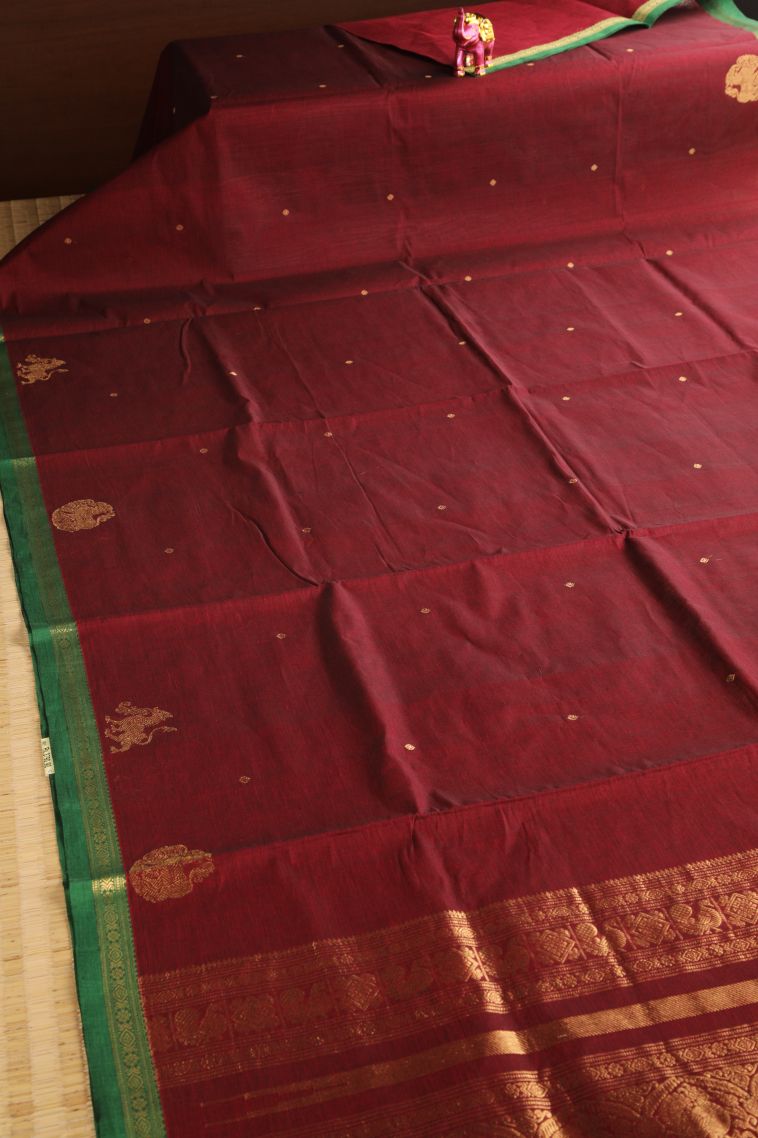 Cherry  Red Kovai Cotton Sarees with Gold Zari Buttis (small Dots Or Motifs) view 2