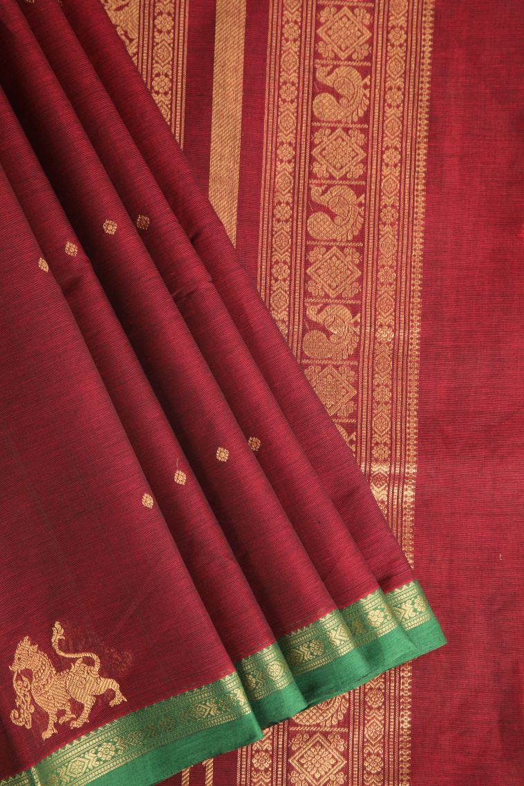 Cherry  Red Kovai Cotton Sarees with Gold Zari Buttis (small Dots Or Motifs) view 1
